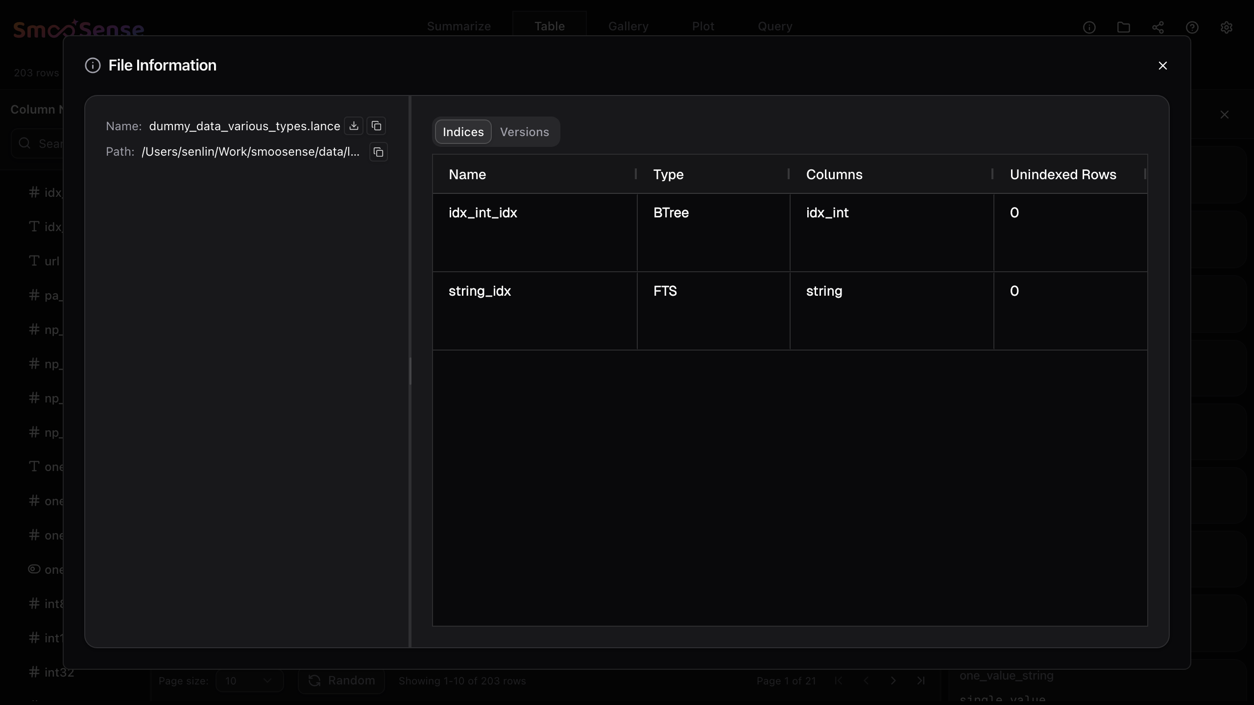 Display indcies in lance table