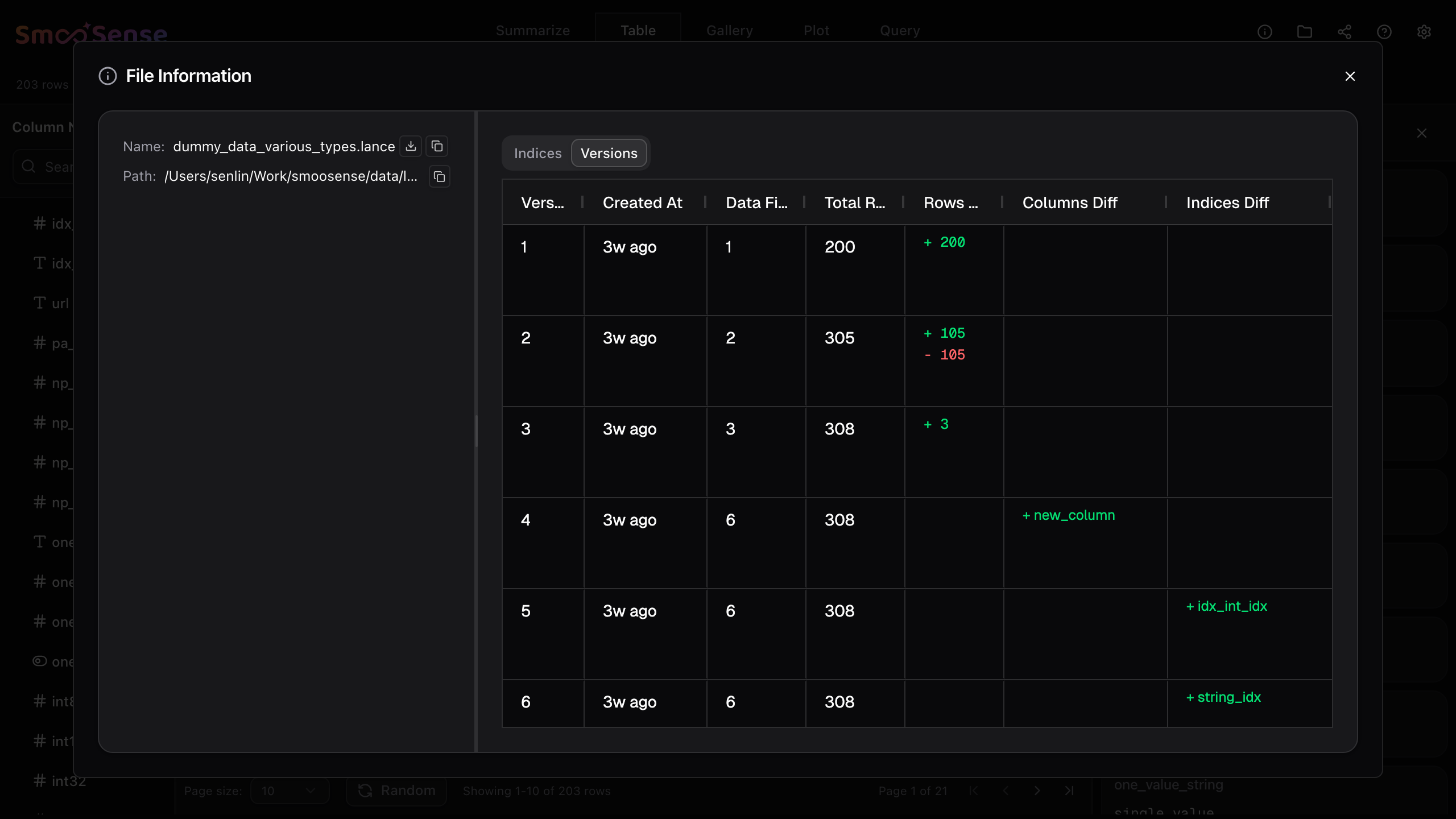 Display versions along with differences in lance table