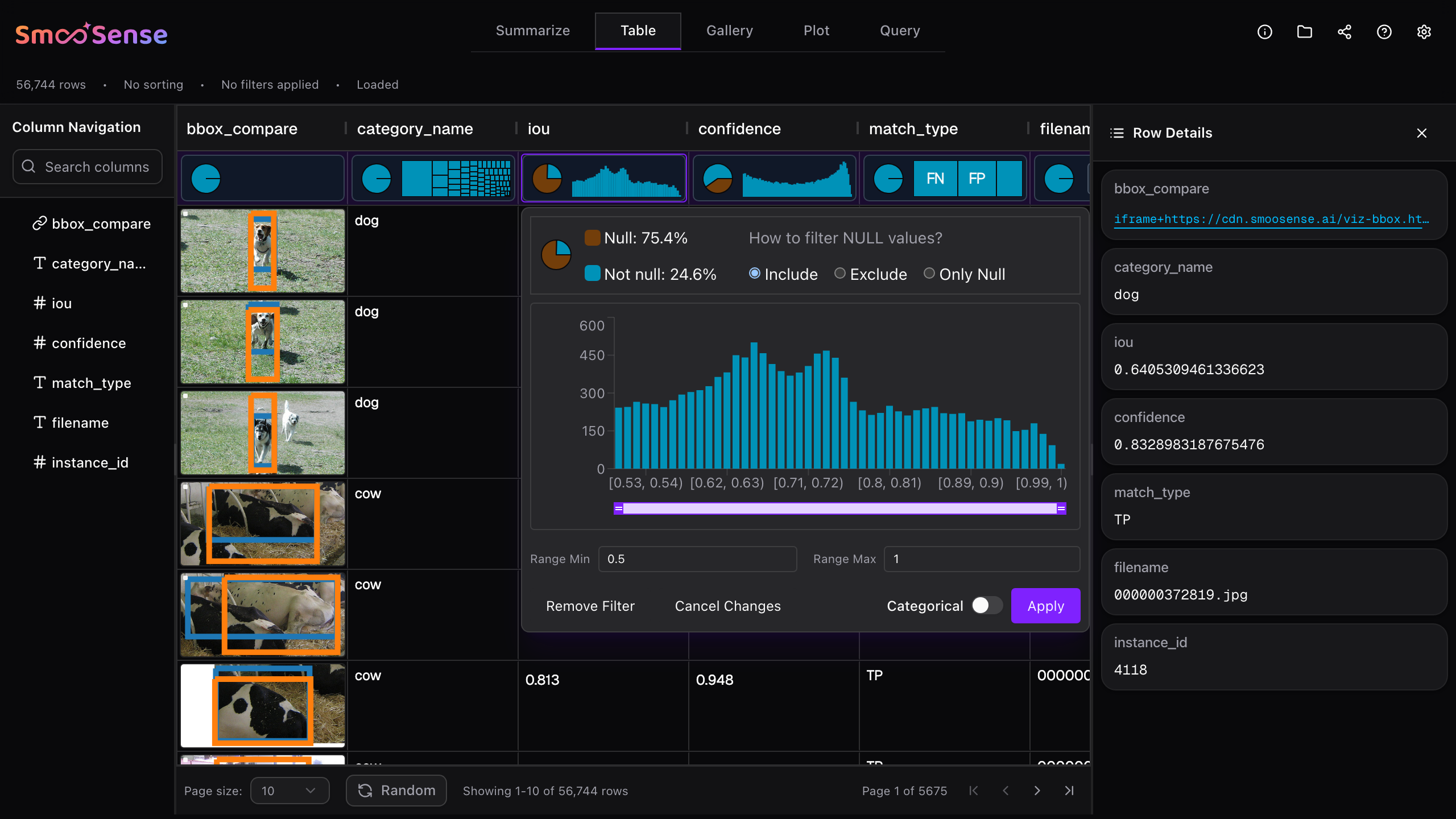 See histogram and filter range by numerical values